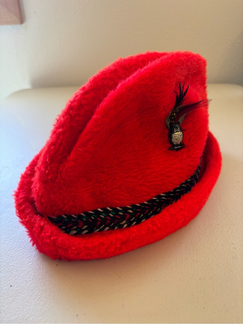 Vintage 1960s Red Plush winter cap w/Feather Pin and ear flaps